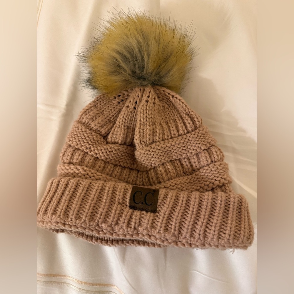 C.C. Beanie Pink Cozy Warm Knit Beanie Hat with Fun Pom Pom one size women